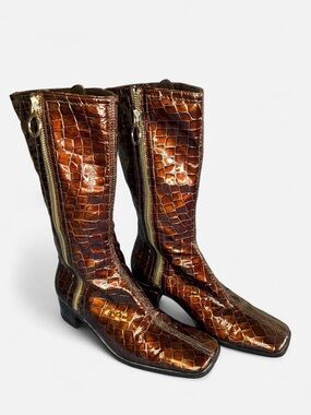 Croc-Embossed Mid-Calf Brown Leather Boots Size 6.5